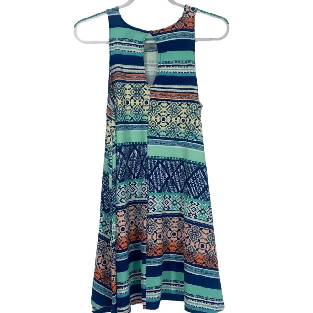 Planet Gold Navy Rugby Combo Geometric Flare Dress M - Picture 2 of 5